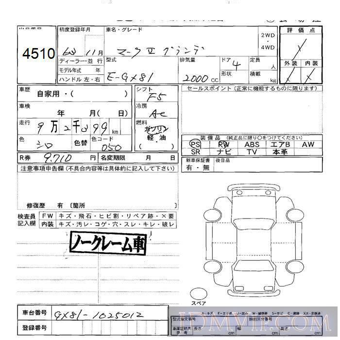1988 TOYOTA MARK II  GX81 - 4510 - JU Sapporo