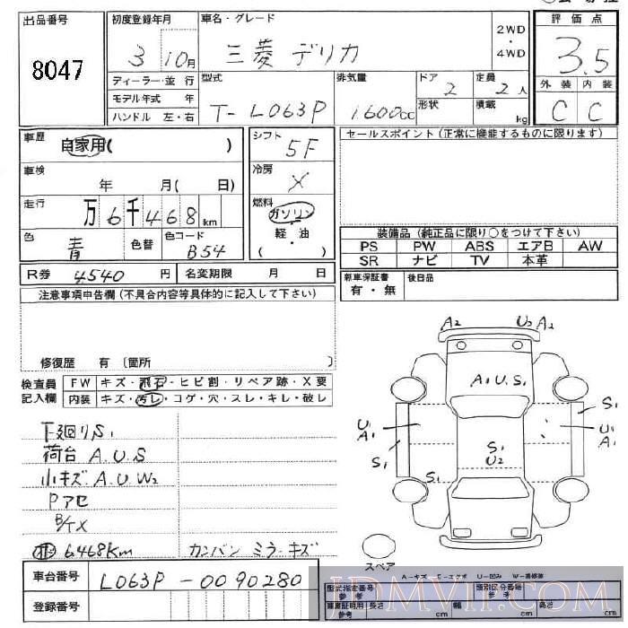 1991 MITSUBISHI DELICA TRUCK  L063P - 8047 - JU Fukushima