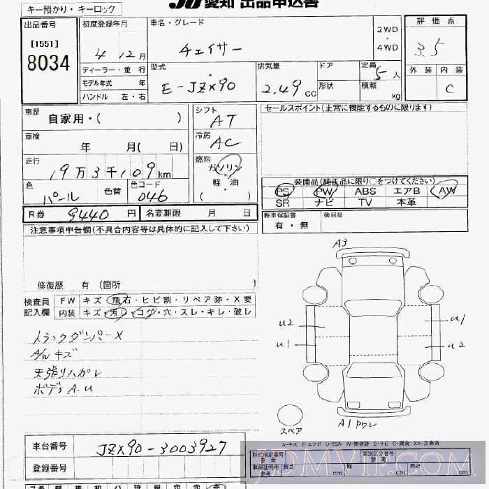 1992 TOYOTA CHASER  JZX90 - 8034 - JU Aichi