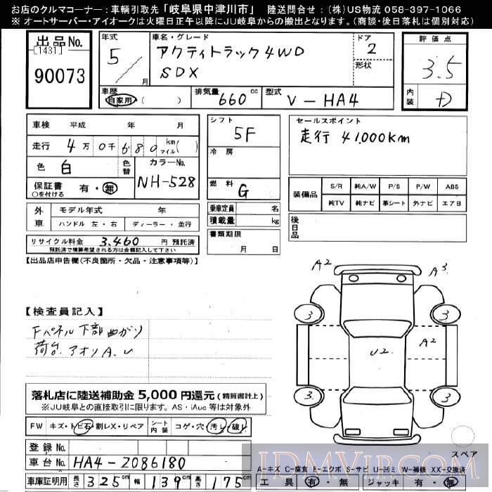 1993 HONDA ACTY TRUCK 4WD_SDX HA4 - 90073 - JU Gifu