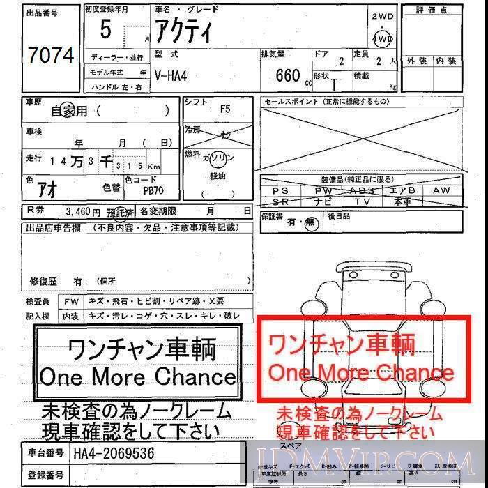 1993 HONDA ACTY TRUCK  HA4 - 7074 - JU Shizuoka