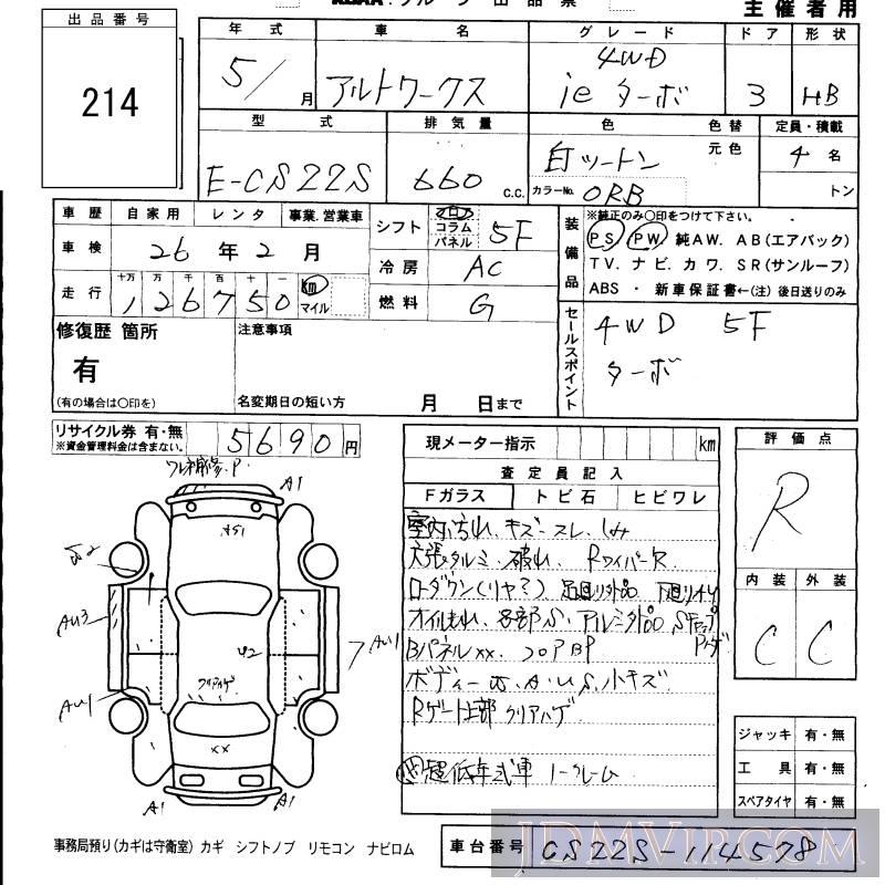 1993 SUZUKI ALTO ie CS22S - 214 - KCAA Fukuoka