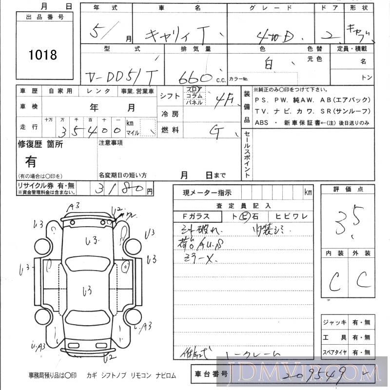 1993 SUZUKI CARRY TRUCK  DD51T - 1018 - KCAA Ebino