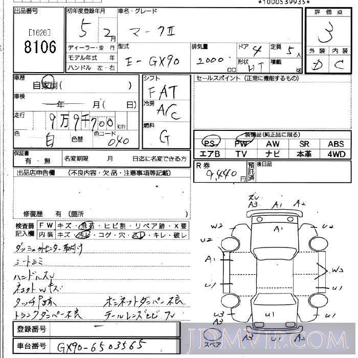 1993 TOYOTA MARK II  GX90 - 8106 - JU Fukuoka