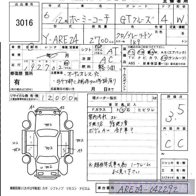 1994 NISSAN HOMY GT ARE24 - 3016 - KCAA Fukuoka