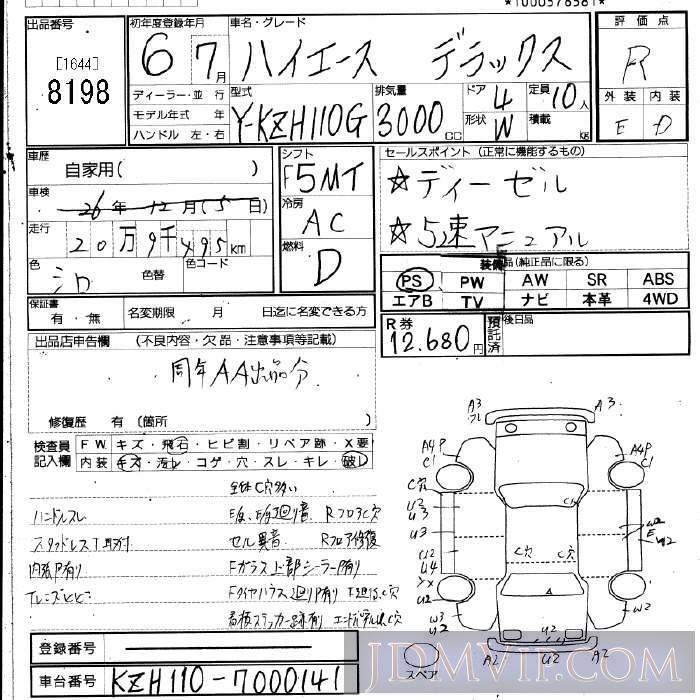 1994 TOYOTA HIACE DX KZH110G - 8198 - JU Fukuoka