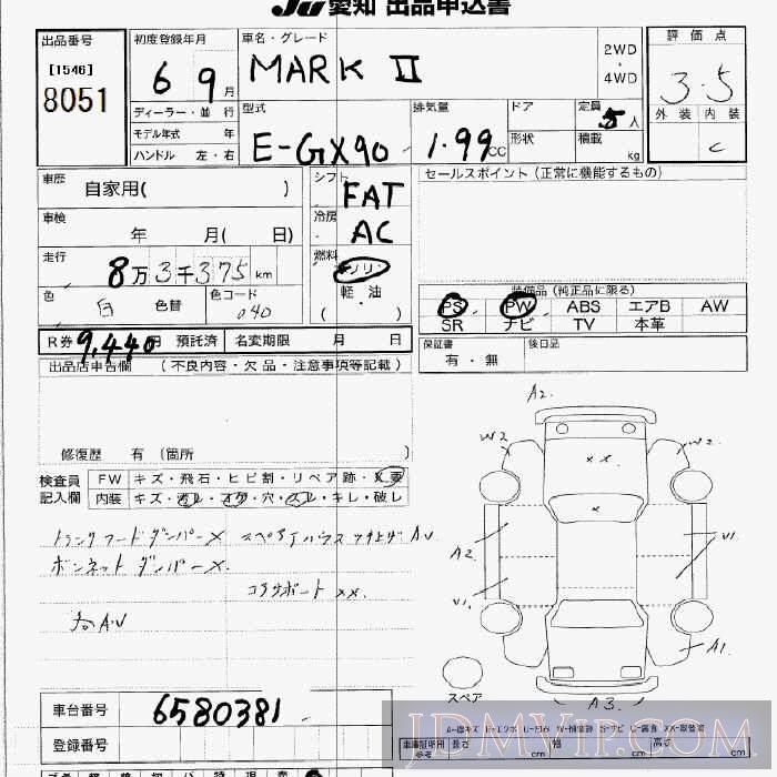 1994 TOYOTA MARK II  GX90 - 8051 - JU Aichi