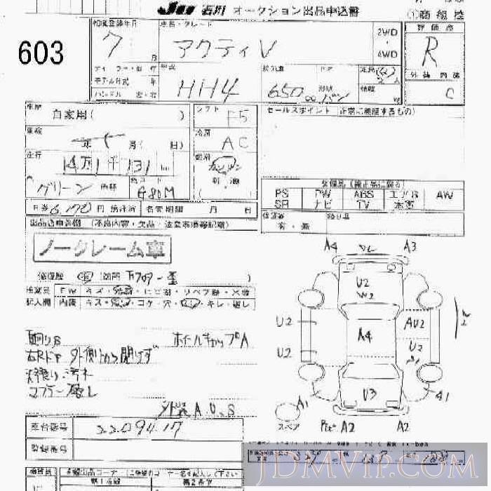 1995 HONDA ACTY VAN V HH4 - 603 - JU Ishikawa