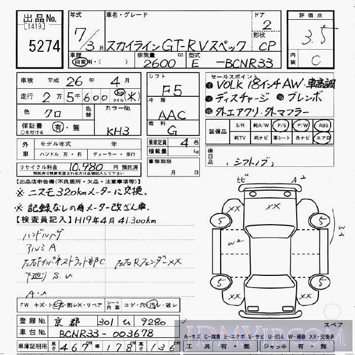 1995 NISSAN SKYLINE V BCNR33 - 5274 - JU Gifu