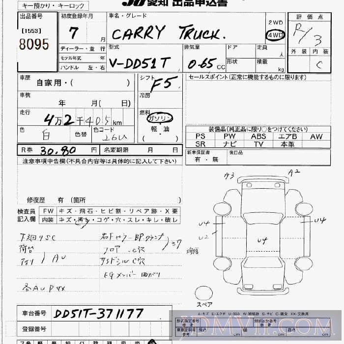 1995 SUZUKI CARRY TRUCK 4WD DD51T - 8095 - JU Aichi