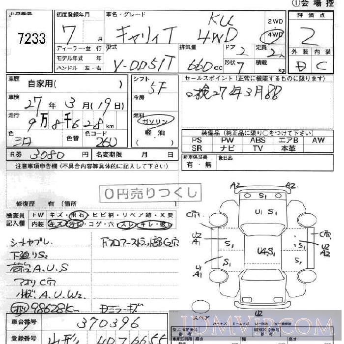 1995 SUZUKI CARRY TRUCK KU DD51T - 7233 - JU Fukushima