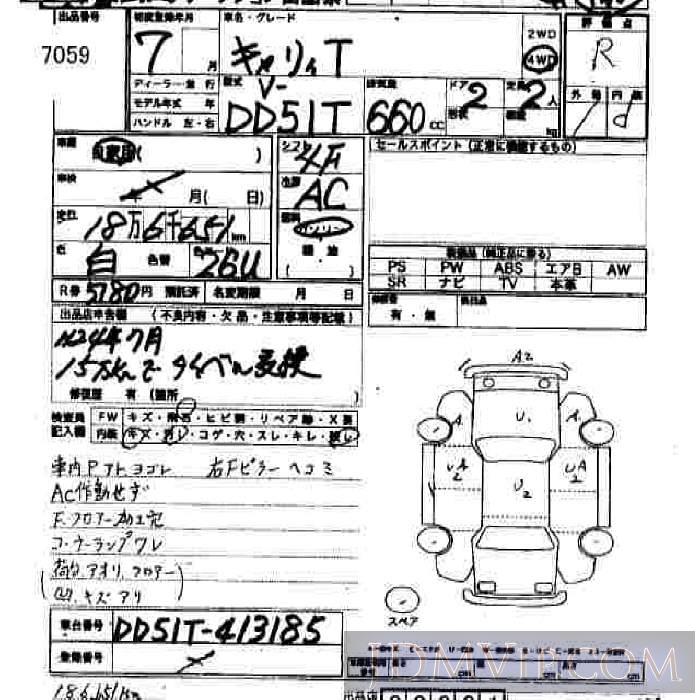 1995 SUZUKI CARRY TRUCK  DD51T - 7059 - JU Hiroshima