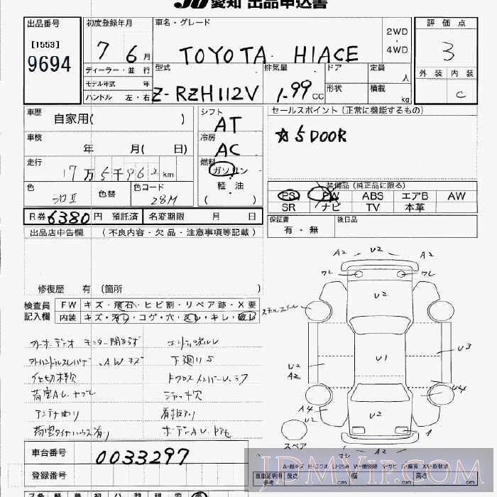 1995 TOYOTA HIACE VAN  RZH112V - 9694 - JU Aichi