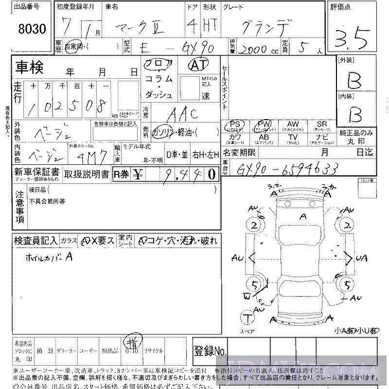 1995 TOYOTA MARK II  GX90 - 8030 - LAA Shikoku