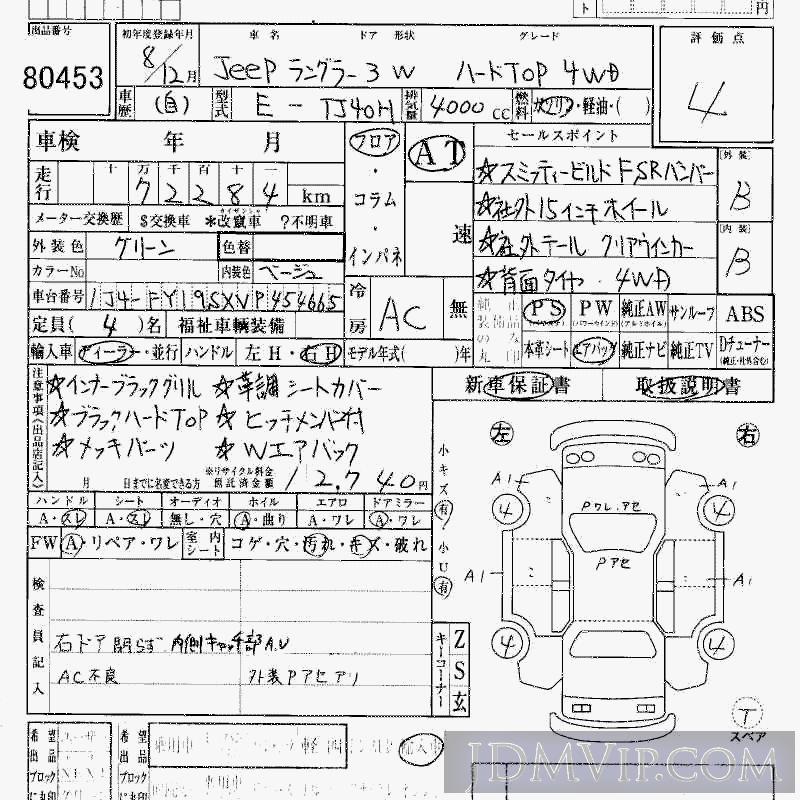 1996 CHRYSLER JEEP WRANGLER -TOP_4WD TJ40H - 80453 - HAA Kobe