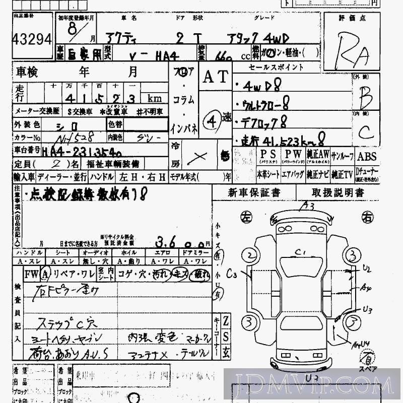 1996 HONDA ACTY TRUCK 4WD_ HA4 - 43294 - HAA Kobe