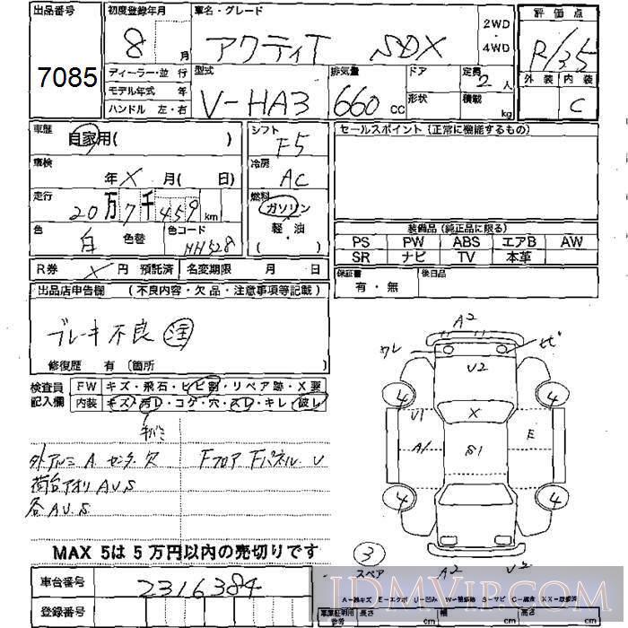 1996 HONDA ACTY TRUCK SDX HA3 - 7085 - JU Mie