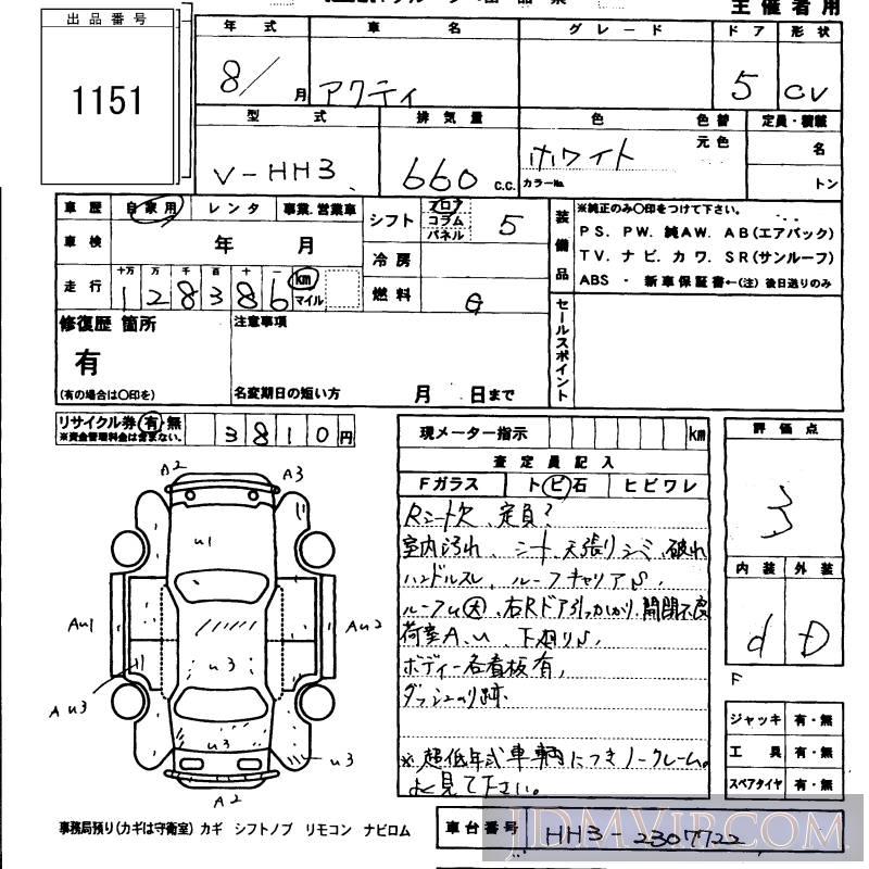 1996 HONDA ACTY VAN  HH3 - 1151 - KCAA Fukuoka