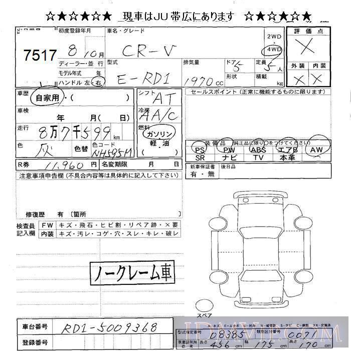 1996 HONDA CR-V 4WD RD1 - 7517 - JU Sapporo