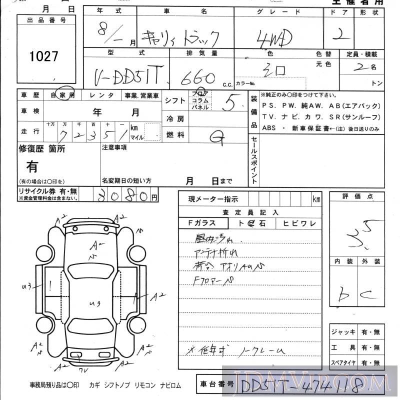 1996 SUZUKI CARRY TRUCK  DD51T - 1027 - KCAA Ebino