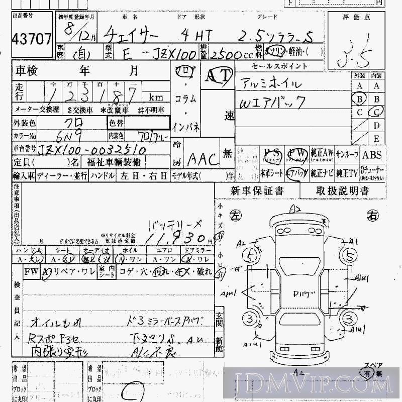 1996 TOYOTA CHASER 2.5S JZX100 - 43707 - HAA Kobe
