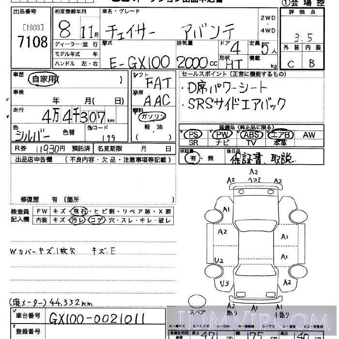 1996 TOYOTA CHASER  GX100 - 7108 - JU Saitama