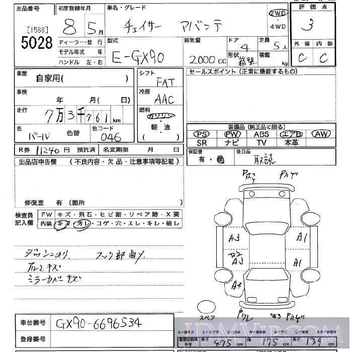 1996 TOYOTA CHASER  GX90 - 5028 - JU Tochigi