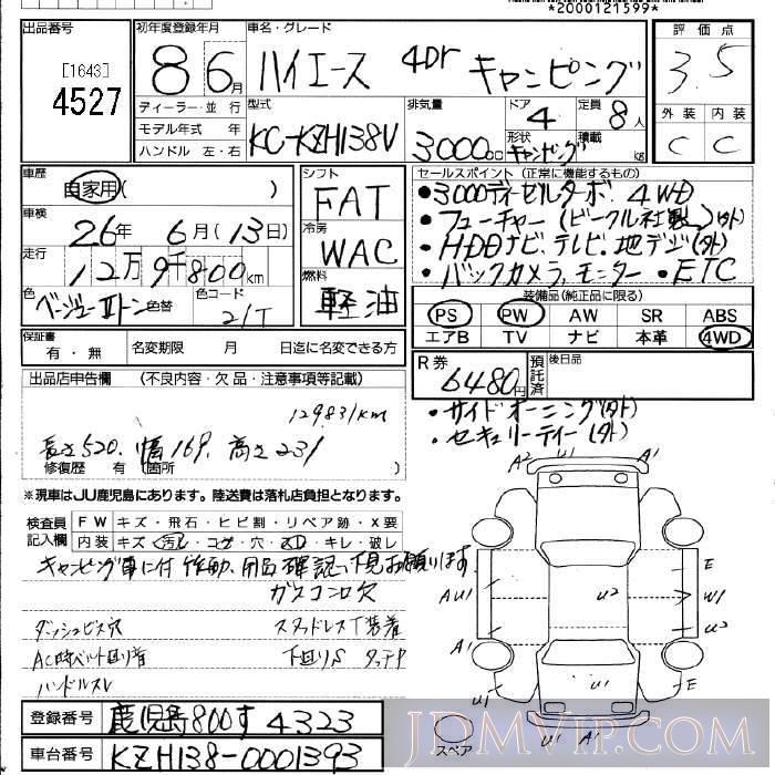 1996 TOYOTA HIACE VAN  KZH138V - 4527 - JU Fukuoka