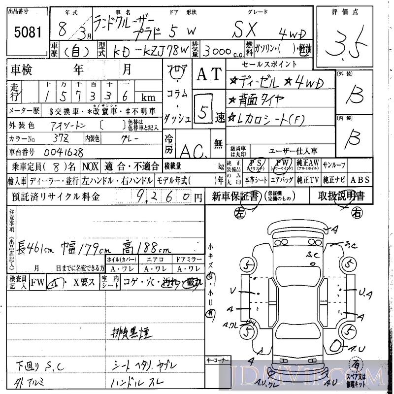 1996 TOYOTA LAND CRUISER PRADO SX_4WD KZJ78W - 5081 - IAA Osaka