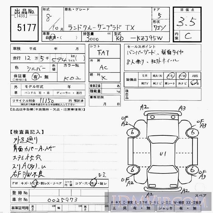 1996 TOYOTA LAND CRUISER PRADO TX KZJ95W - 5177 - JU Gifu