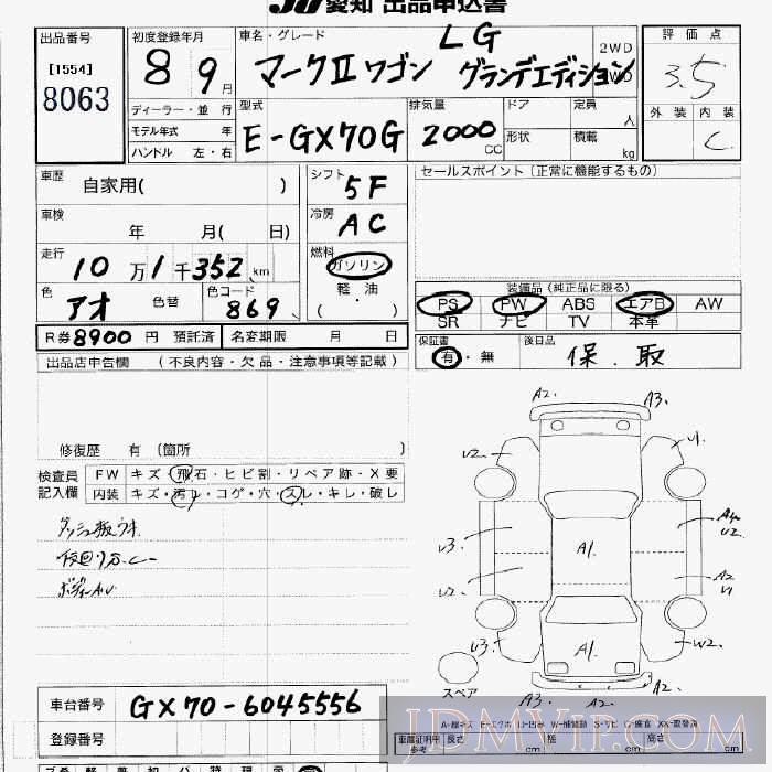 1996 TOYOTA MARK II WAGON LG_ GX70G - 8063 - JU Aichi