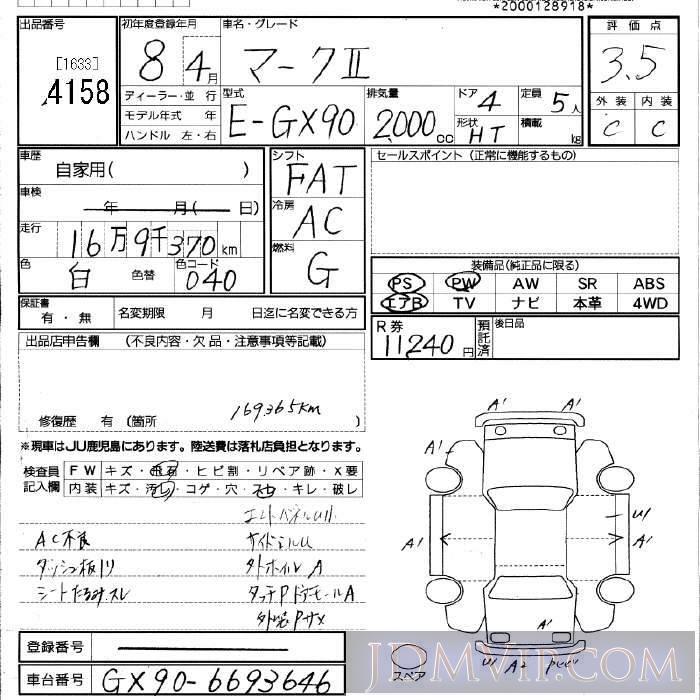 1996 TOYOTA MARK II  GX90 - 4158 - JU Fukuoka