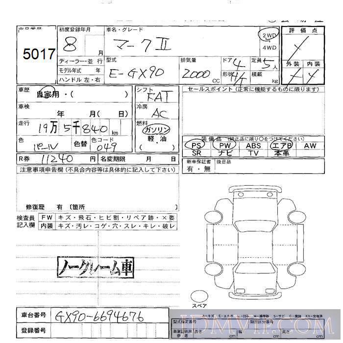 1996 TOYOTA MARK II  GX90 - 5017 - JU Sapporo