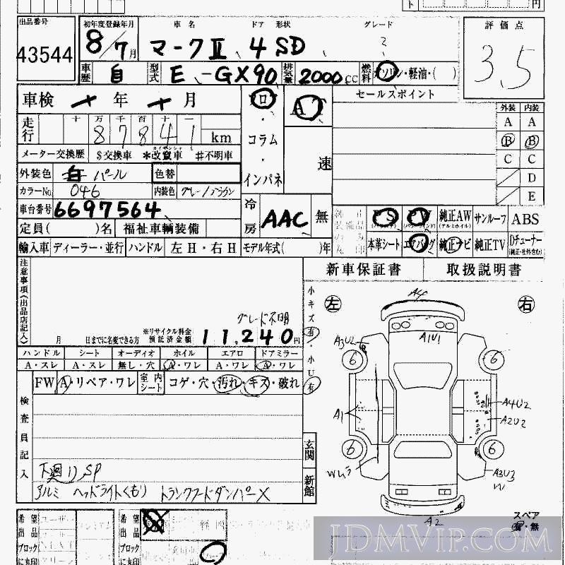 1996 TOYOTA MARK II  GX90 - 43544 - HAA Kobe