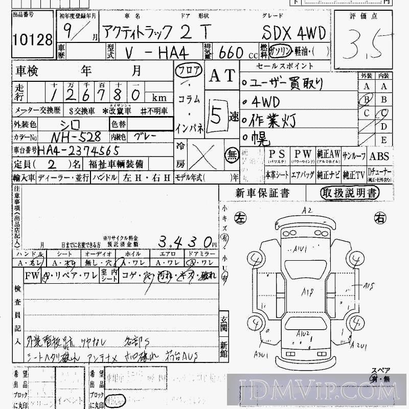 1997 HONDA ACTY TRUCK 4WD_SDX HA4 - 10128 - HAA Kobe