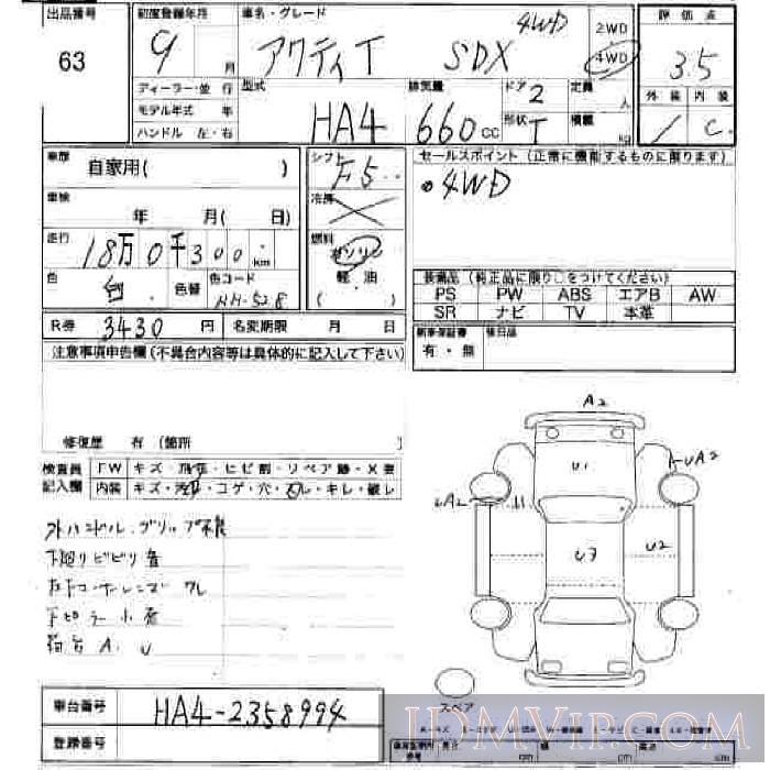 1997 HONDA ACTY TRUCK SDX HA4 - 63 - JU Hiroshima