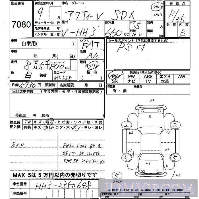 1997 HONDA ACTY VAN SDX HH3 - 7080 - JU Mie