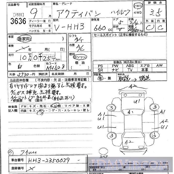 1997 HONDA ACTY VAN  HH3 - 3636 - JU Tochigi