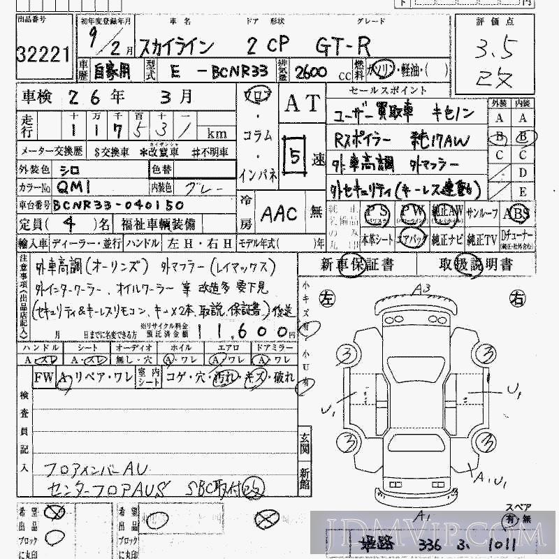 1997 NISSAN SKYLINE GT-R BCNR33 - 32221 - HAA Kobe