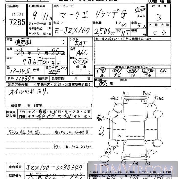 1997 TOYOTA MARK II G JZX100 - 7285 - JU Saitama