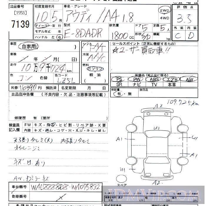 1998 AUDI AUDI A4 1.8 8DADR - 7139 - JU Tokyo