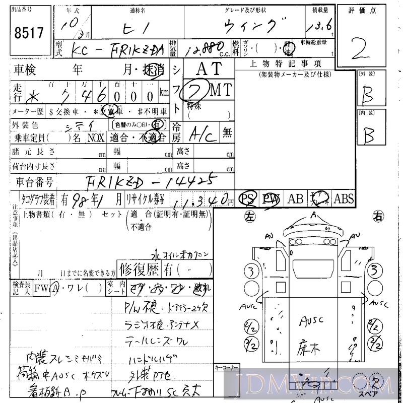 1998 Hino Hino Truck 13 6 Fr1kzda 8517 Iaa Osaka Jdmvip Ais Auction Intelligence System Jdmvip The Web S Unbiased Authority On The Japanese Used Jdm Cars Import Scene