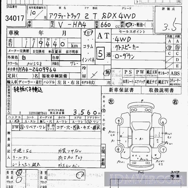 1998 HONDA ACTY TRUCK 4WD_SDX HA4 - 34017 - HAA Kobe