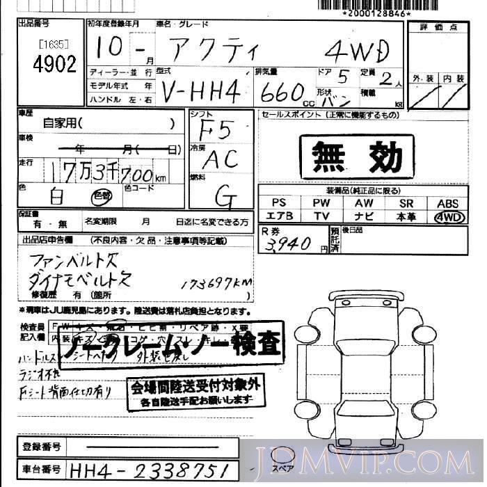 1998 HONDA ACTY VAN 4WD HH4 - 4902 - JU Fukuoka