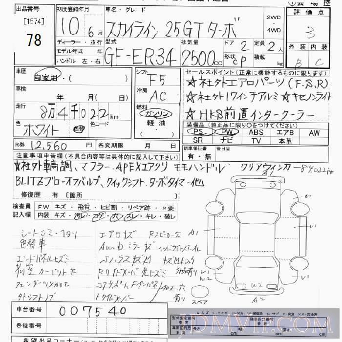 1998 NISSAN SKYLINE 25GT ER34 - 78 - JU Tokyo