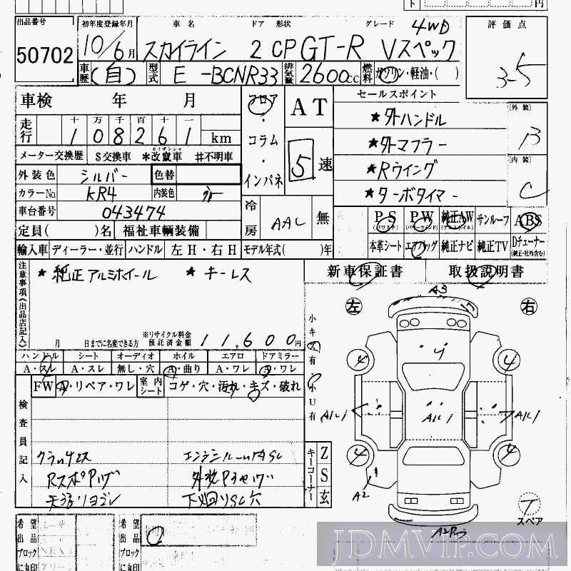 1998 NISSAN SKYLINE GT-R_V_4WD BCNR33 - 50702 - HAA Kobe
