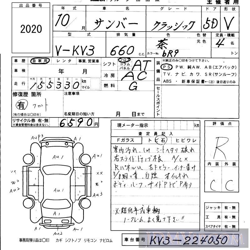1998 SUBARU SAMBAR  KV3 - 2020 - KCAA Fukuoka