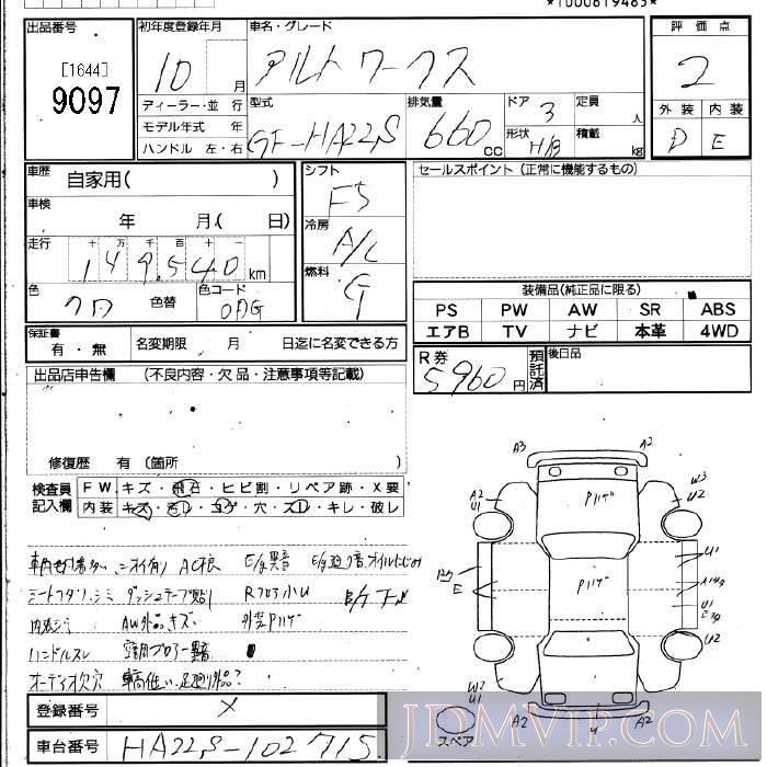 1998 SUZUKI ALTO  HA22S - 9097 - JU Fukuoka
