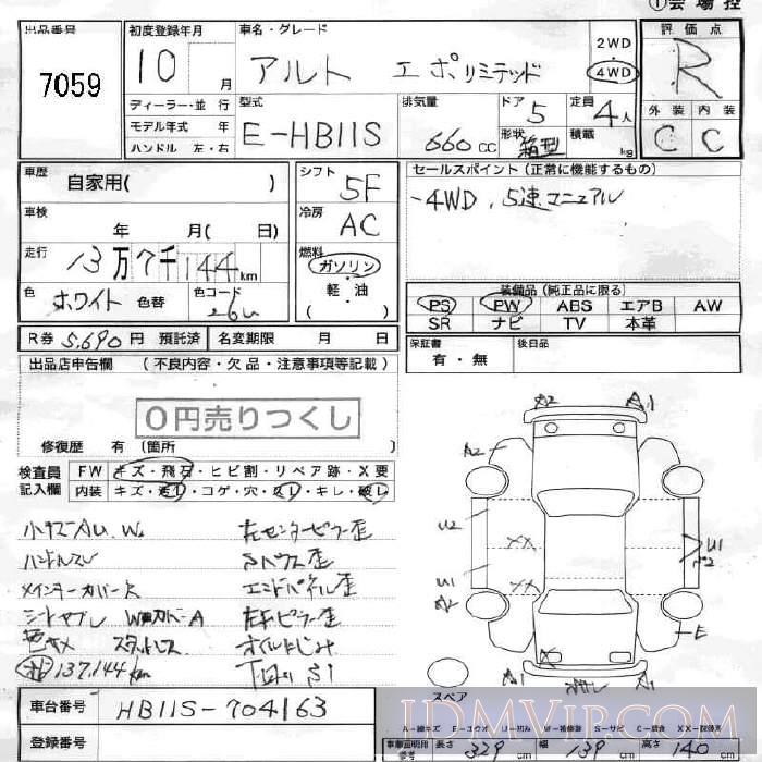 1998 SUZUKI ALTO _LTD HB11S - 7059 - JU Fukushima
