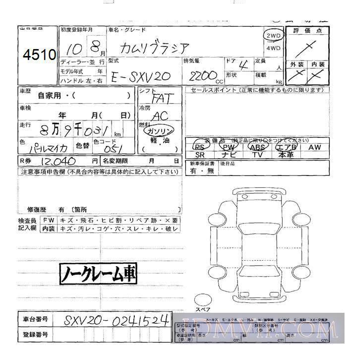 1998 TOYOTA CAMRY  SXV20 - 4510 - JU Sapporo